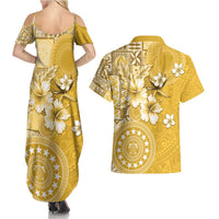 Cook Islands Couples Matching Summer Maxi Dress and Hawaiian Shirt Yellow Hibiscus And Stars