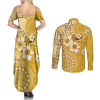 Cook Islands Couples Matching Summer Maxi Dress and Long Sleeve Button Shirt Yellow Hibiscus And Stars