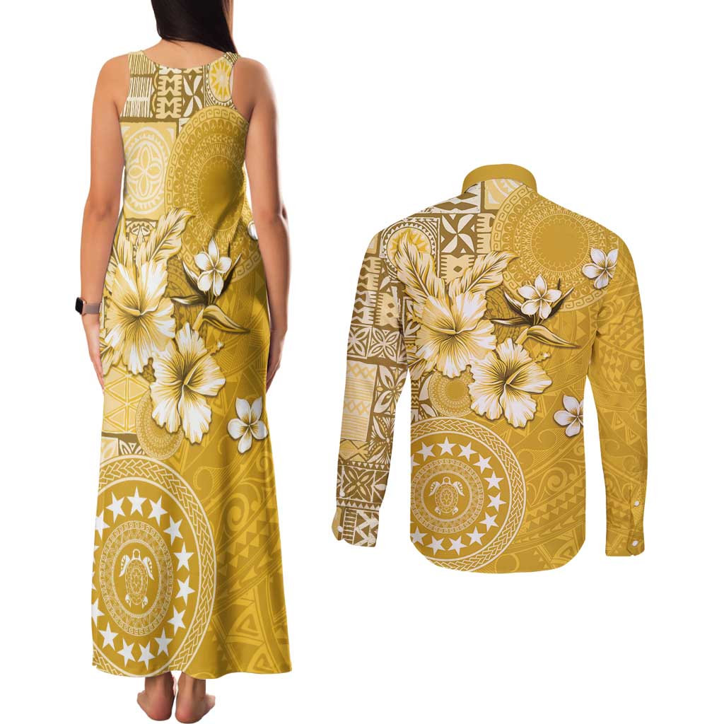 Cook Islands Couples Matching Tank Maxi Dress and Long Sleeve Button Shirt Yellow Hibiscus And Stars