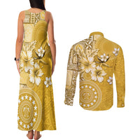 Cook Islands Couples Matching Tank Maxi Dress and Long Sleeve Button Shirt Yellow Hibiscus And Stars
