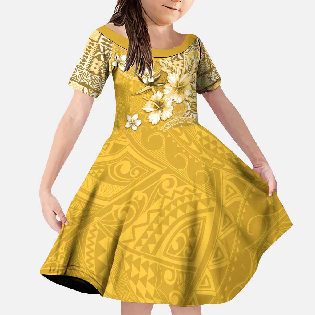 Cook Islands Family Matching Off Shoulder Maxi Dress and Hawaiian Shirt Yellow Hibiscus And Stars