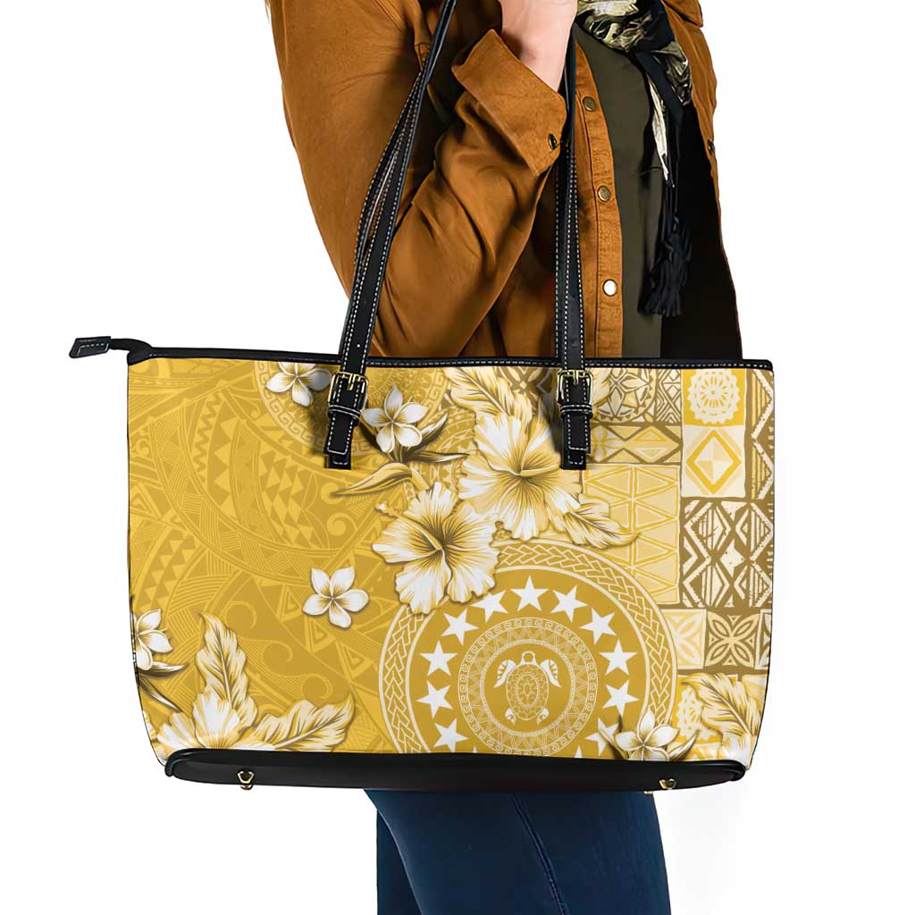 Cook Islands Leather Tote Bag Yellow Hibiscus And Stars