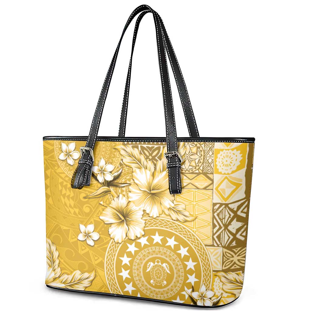 Cook Islands Leather Tote Bag Yellow Hibiscus And Stars