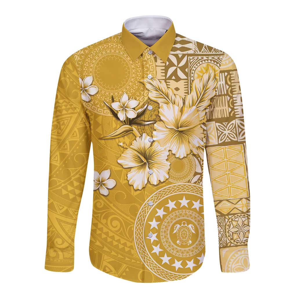 Cook Islands Long Sleeve Button Shirt Yellow Hibiscus And Stars