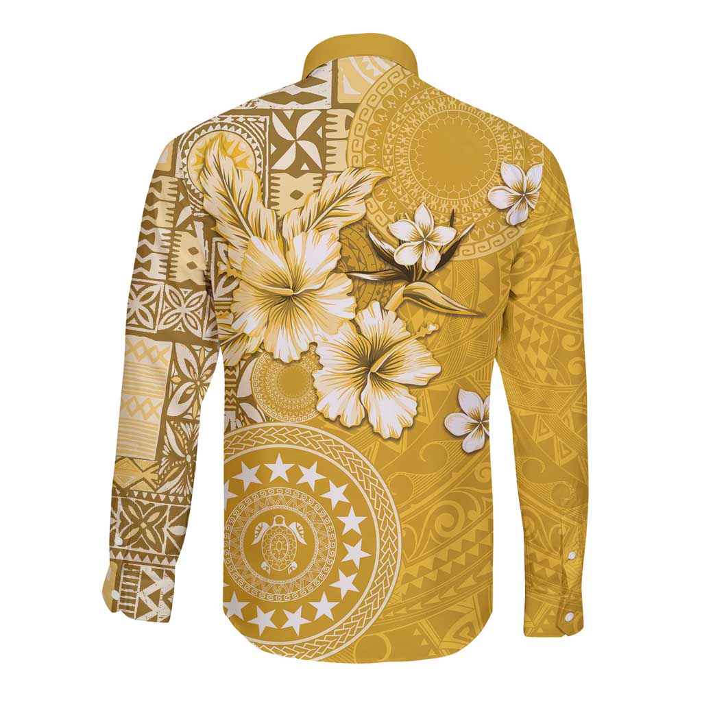 Cook Islands Long Sleeve Button Shirt Yellow Hibiscus And Stars