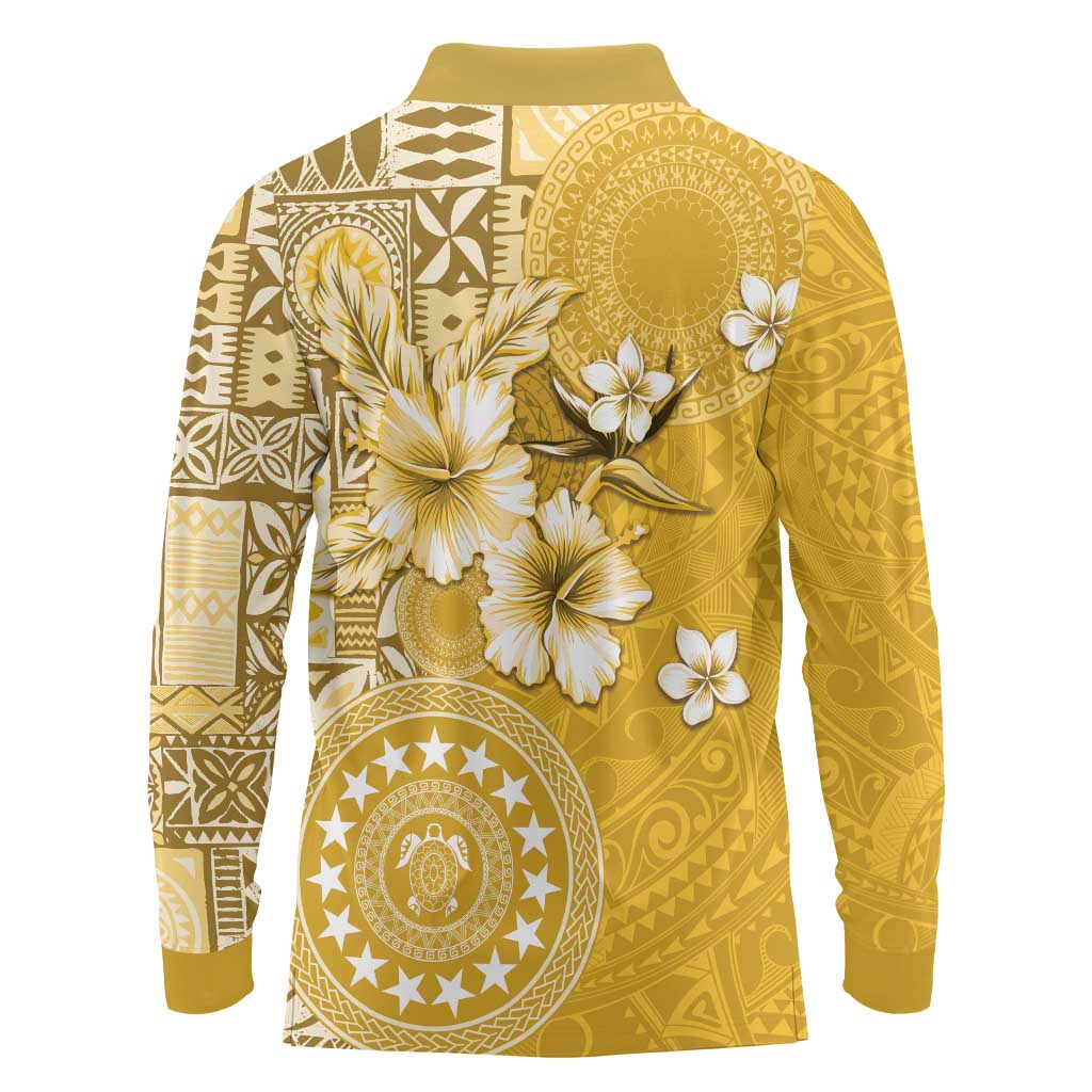 Cook Islands Long Sleeve Polo Shirt Yellow Hibiscus And Stars
