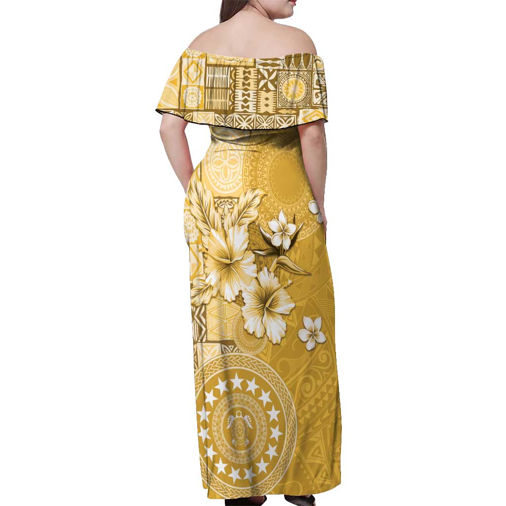 Cook Islands Off Shoulder Maxi Dress Yellow Hibiscus And Stars