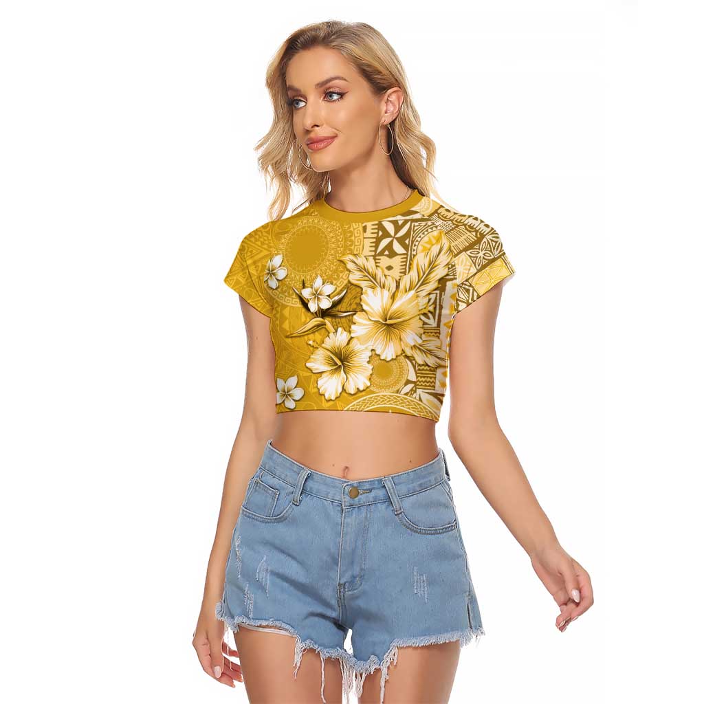 Cook Islands Raglan Cropped T Shirt Yellow Hibiscus And Stars