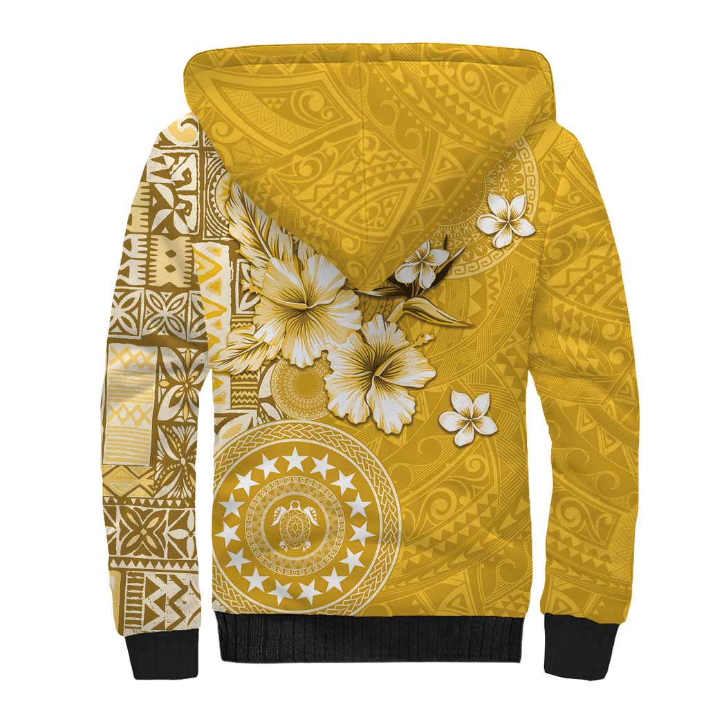 Cook Islands Sherpa Hoodie Yellow Hibiscus And Stars