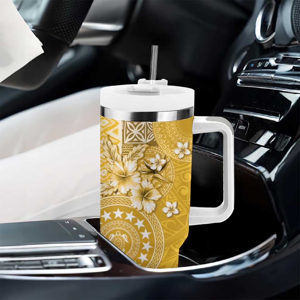 Cook Islands Tumbler With Handle Yellow Hibiscus And Stars