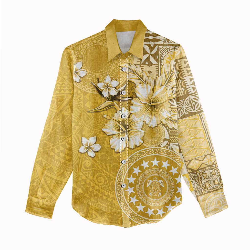 Cook Islands Women Casual Shirt Yellow Hibiscus And Stars