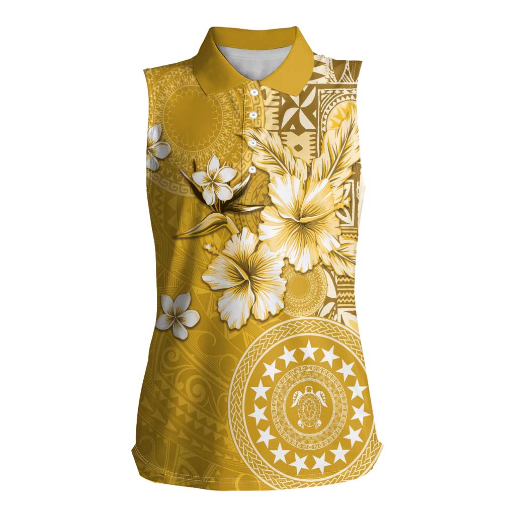 Cook Islands Women Sleeveless Polo Shirt Yellow Hibiscus And Stars