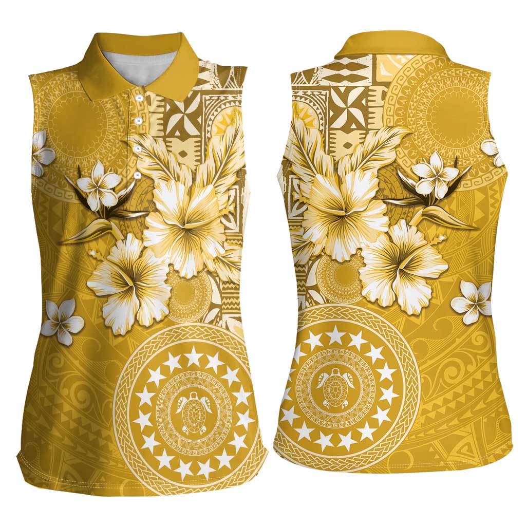 Cook Islands Women Sleeveless Polo Shirt Yellow Hibiscus And Stars