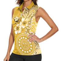Cook Islands Women Sleeveless Polo Shirt Yellow Hibiscus And Stars