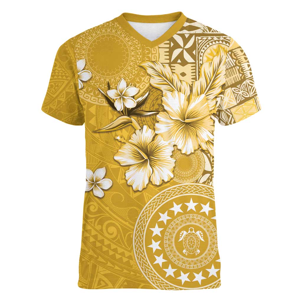 Cook Islands Women V-Neck T-Shirt Yellow Hibiscus And Stars