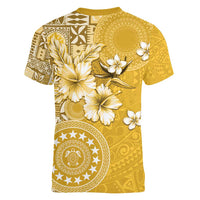 Cook Islands Women V-Neck T-Shirt Yellow Hibiscus And Stars