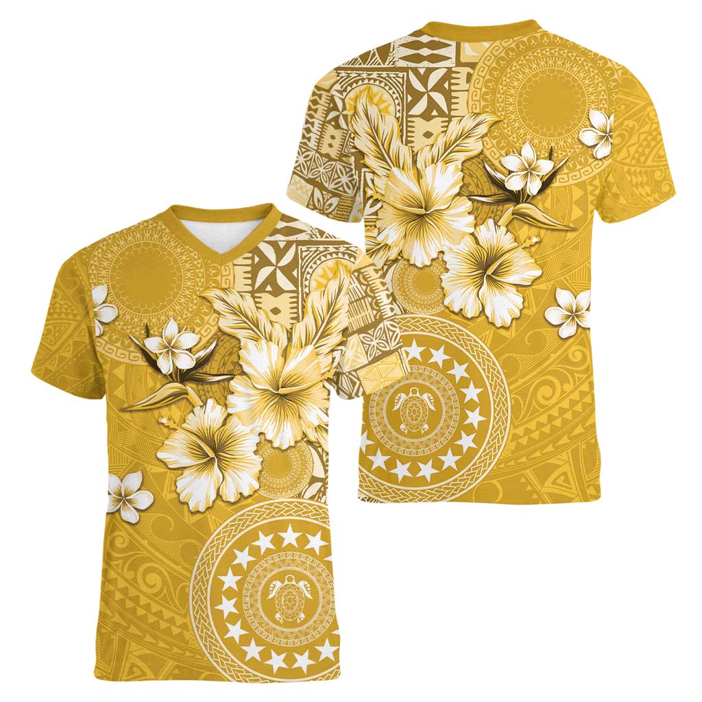 Cook Islands Women V-Neck T-Shirt Yellow Hibiscus And Stars