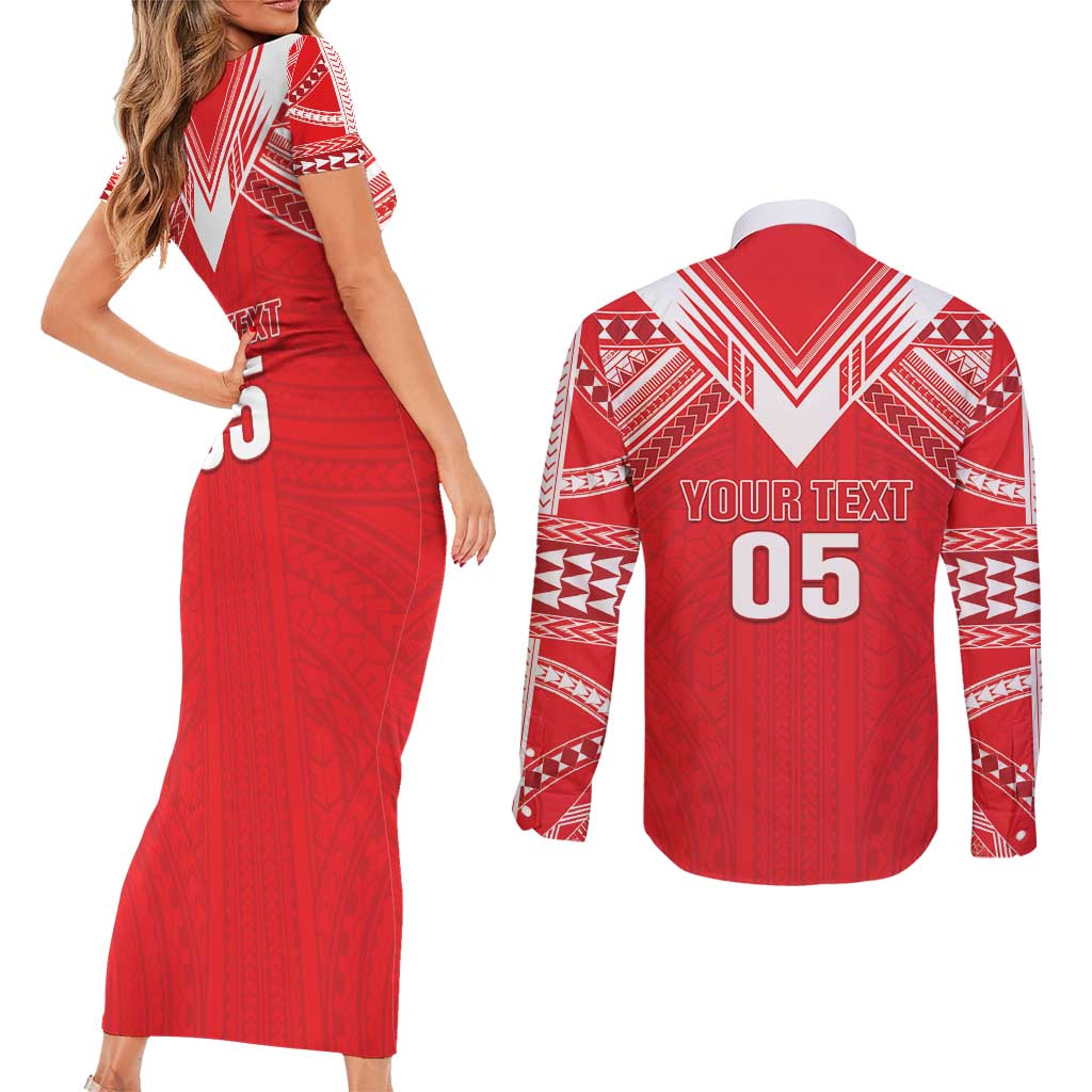Custom Tahiti Football Couples Matching Short Sleeve Bodycon Dress and Long Sleeve Button Shirt Coat Of Arms Polynesian Tribal Pattern
