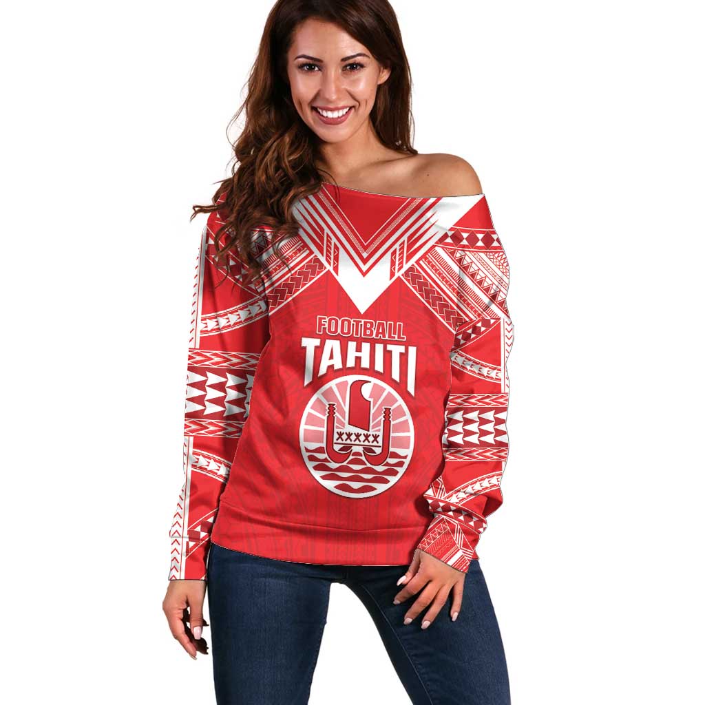 Custom Tahiti Football Off Shoulder Sweater Coat Of Arms Polynesian Tribal Pattern LT05 Women Red - Polynesian Pride