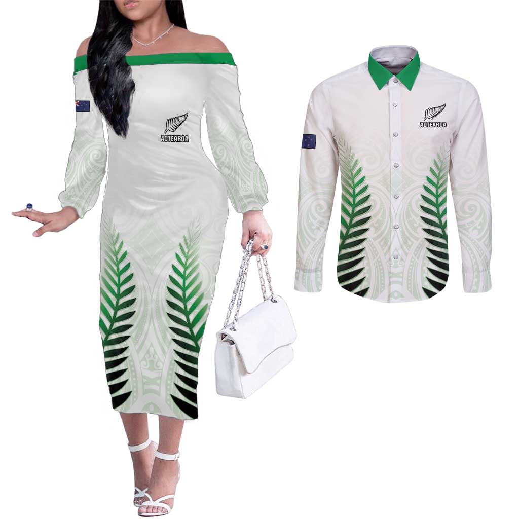 Custom New Zealand Fern Football Couples Matching Off The Shoulder Long Sleeve Dress and Long Sleeve Button Shirt Simple Style