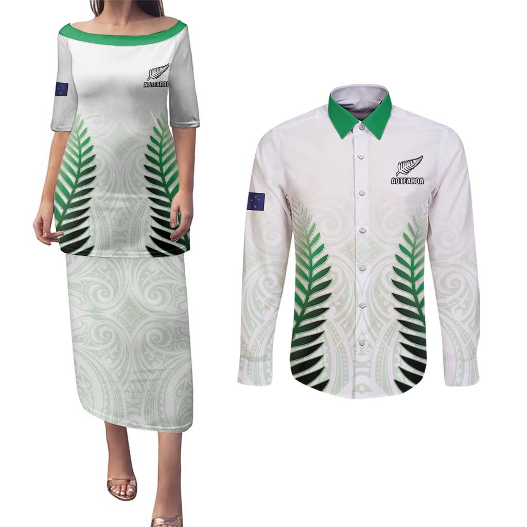 Custom New Zealand Fern Football Couples Matching Puletasi and Long Sleeve Button Shirt Simple Style