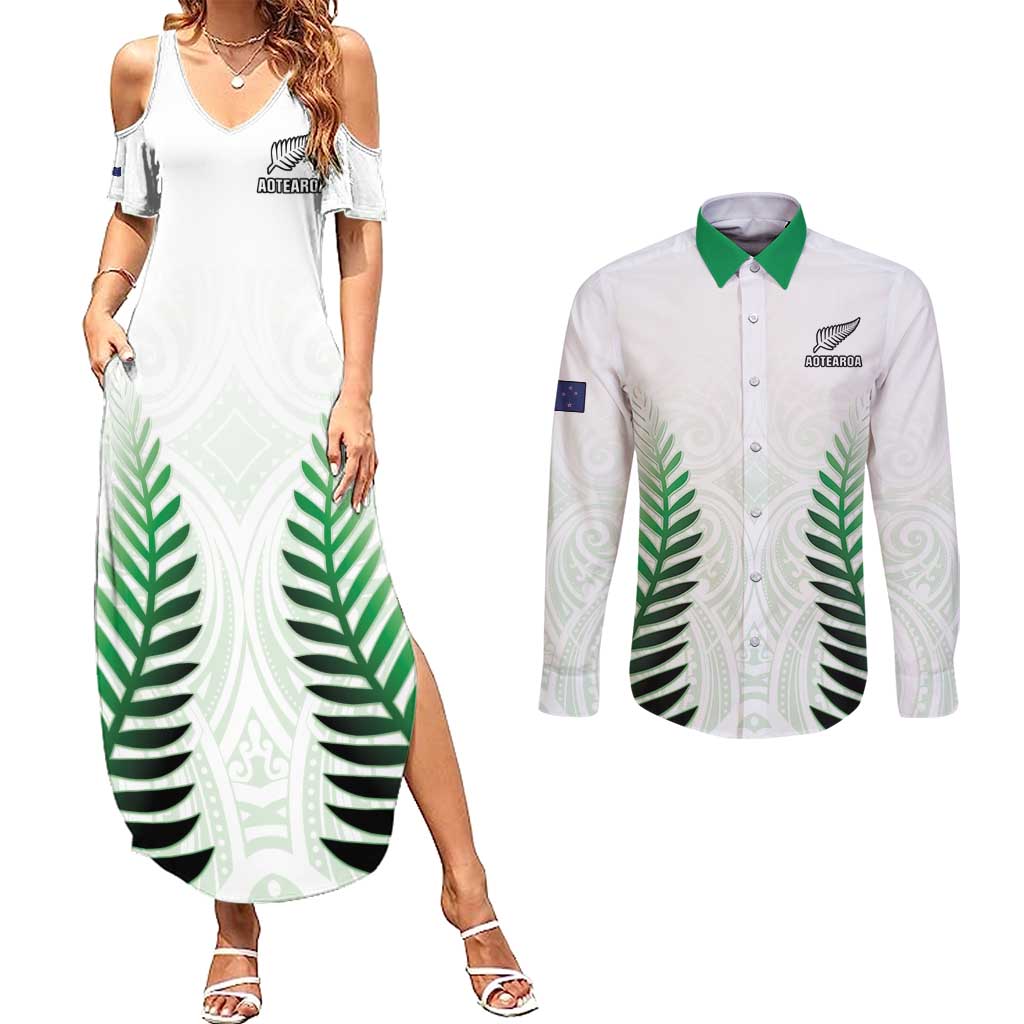 Custom New Zealand Fern Football Couples Matching Summer Maxi Dress and Long Sleeve Button Shirt Simple Style