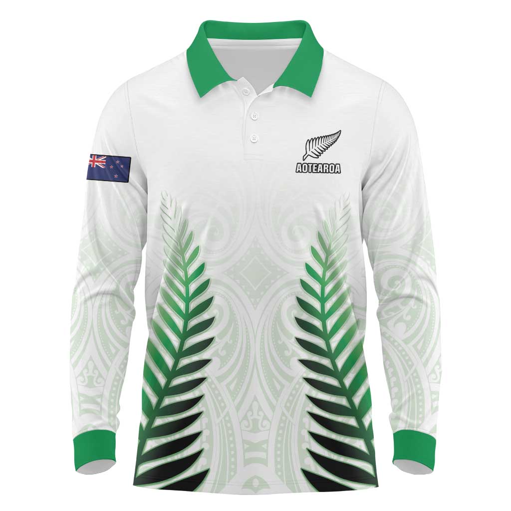 Custom New Zealand Fern Football Long Sleeve Polo Shirt Simple Style LT05 White - Polynesian Pride