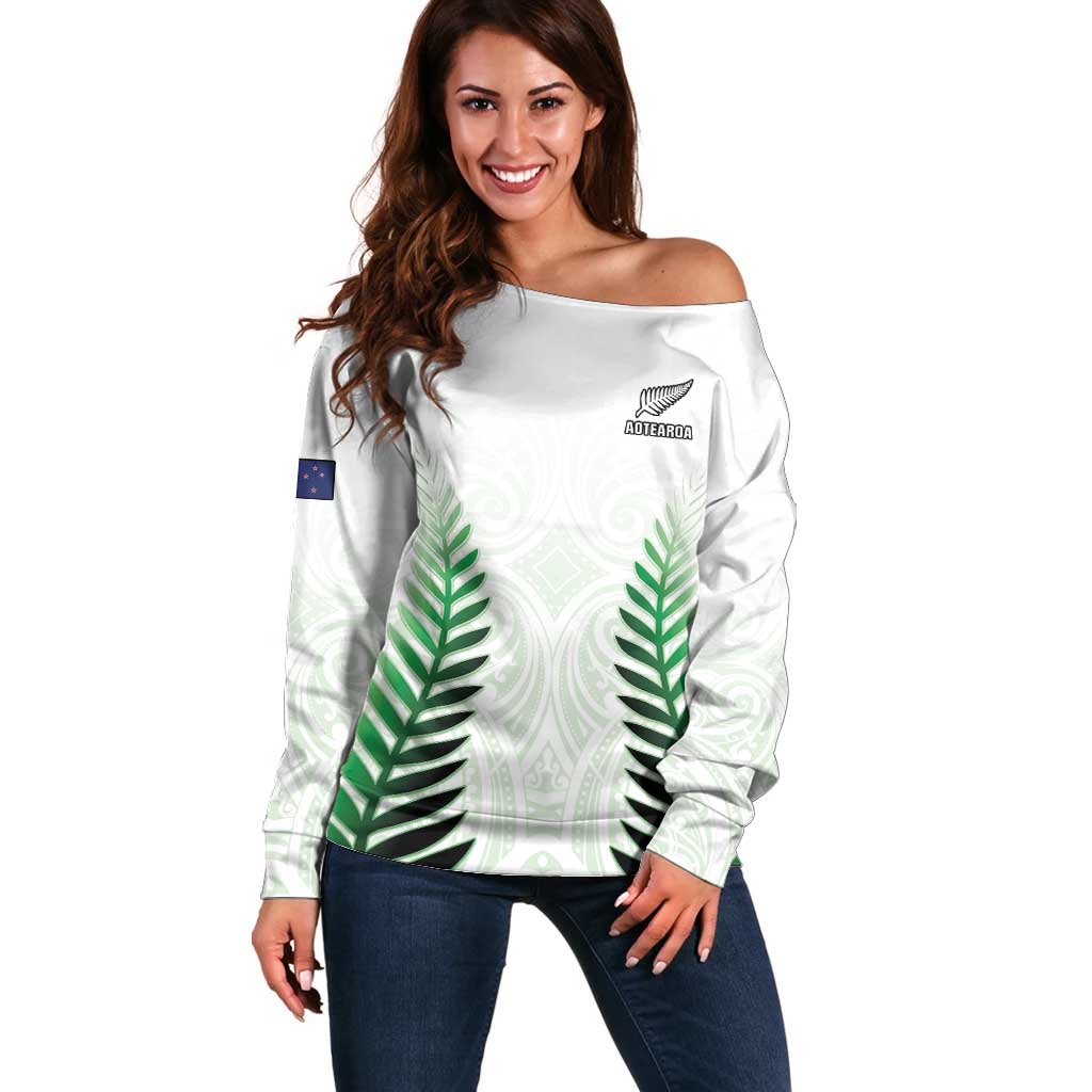 Custom New Zealand Fern Football Off Shoulder Sweater Simple Style LT05 Women White - Polynesian Pride