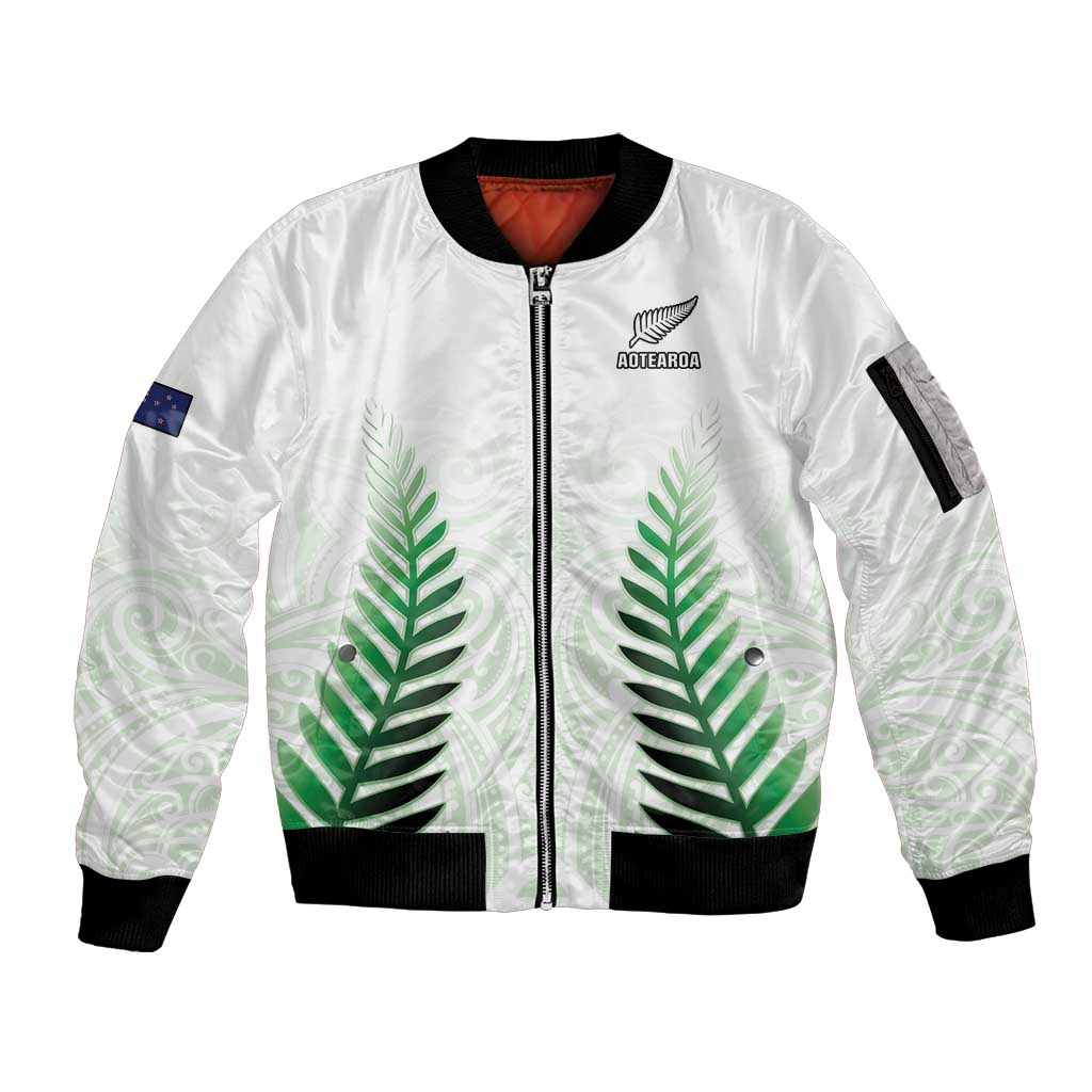 Custom New Zealand Fern Football Sleeve Zip Bomber Jacket Simple Style LT05 Unisex White - Polynesian Pride