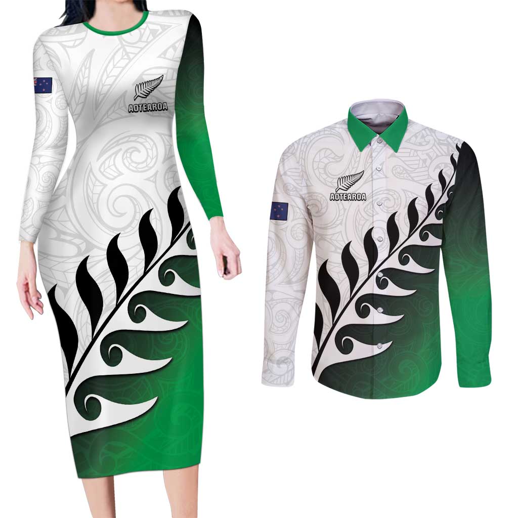 Custom New Zealand Football Couples Matching Long Sleeve Bodycon Dress and Long Sleeve Button Shirt Go Aotearoa