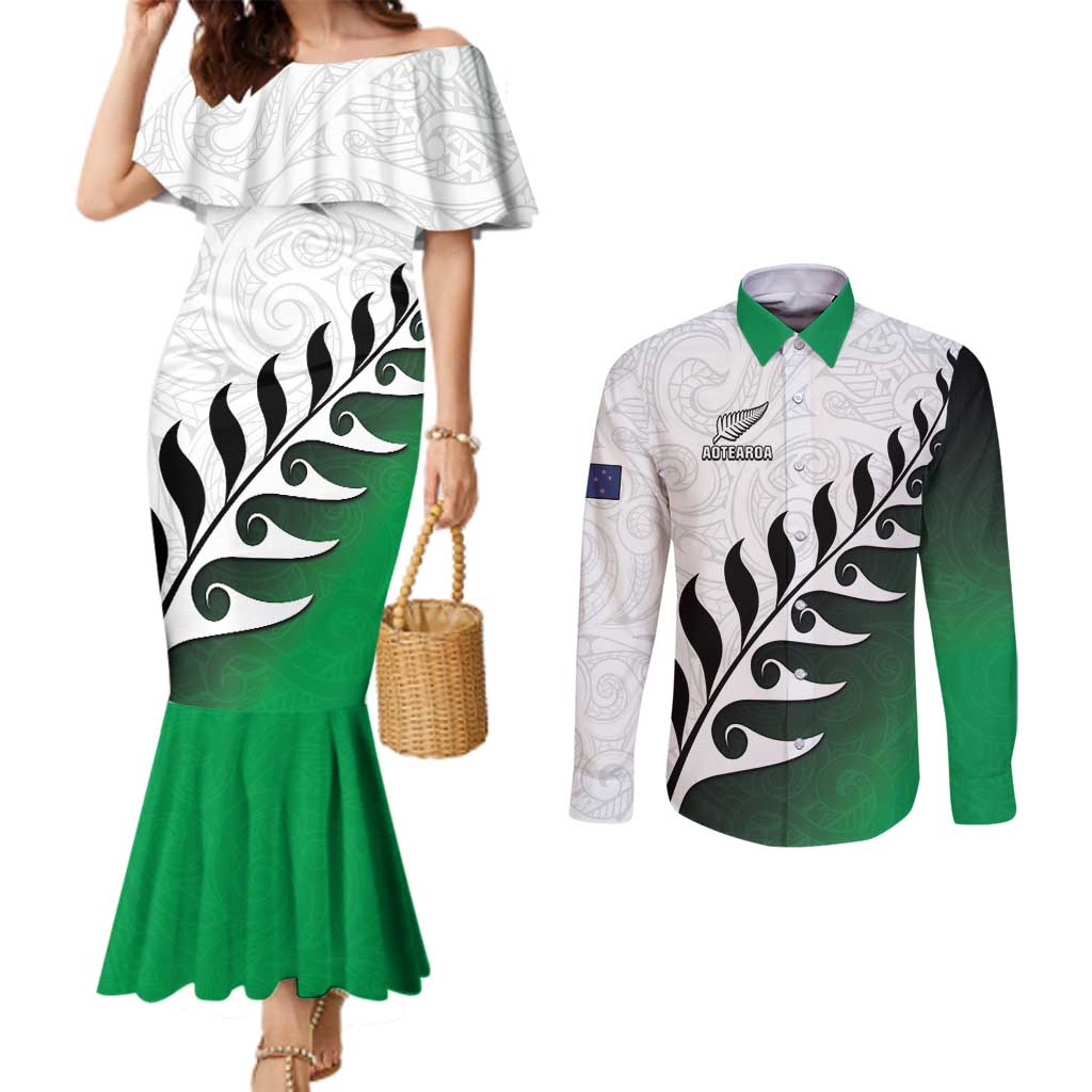 Custom New Zealand Football Couples Matching Mermaid Dress and Long Sleeve Button Shirt Go Aotearoa