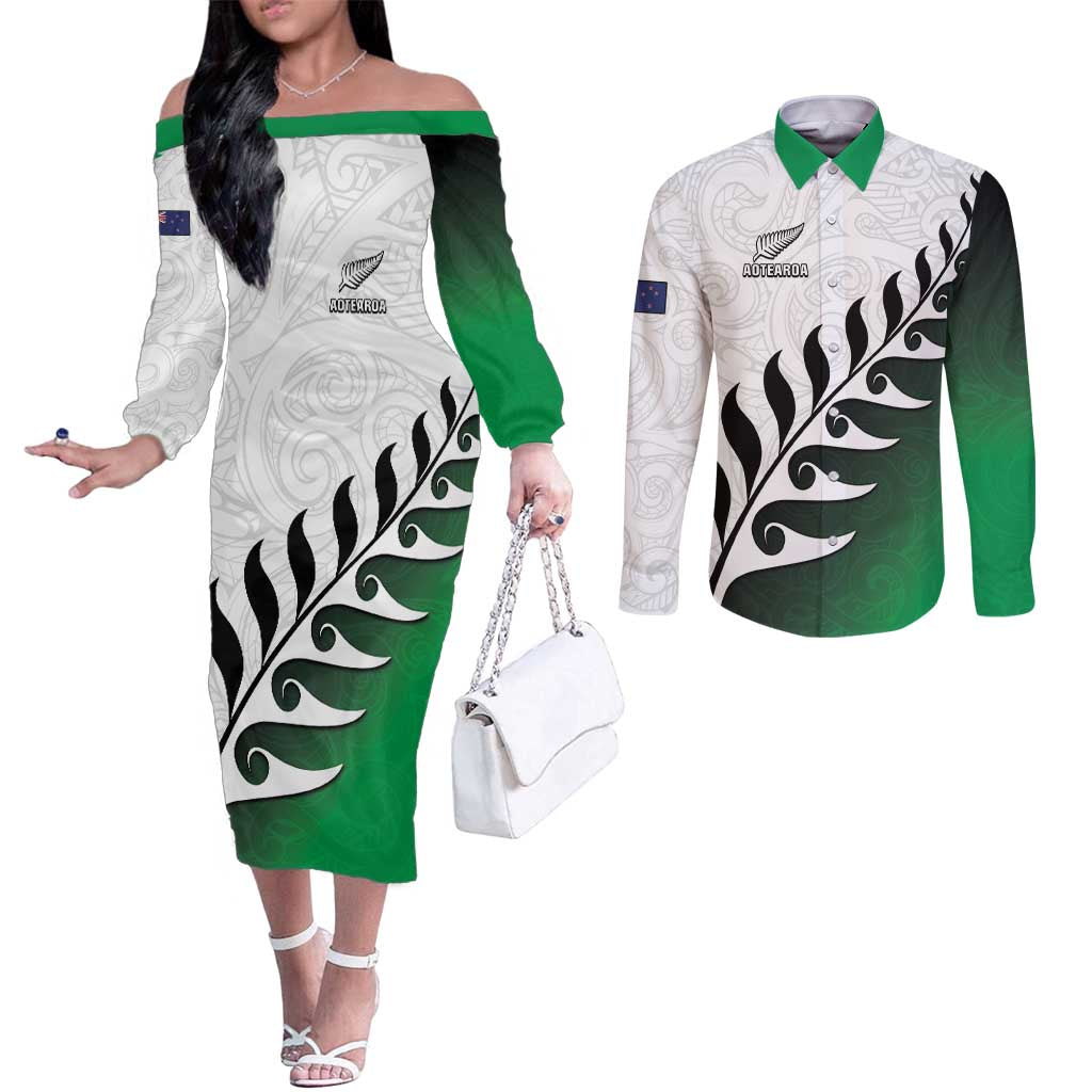 Custom New Zealand Football Couples Matching Off The Shoulder Long Sleeve Dress and Long Sleeve Button Shirt Go Aotearoa