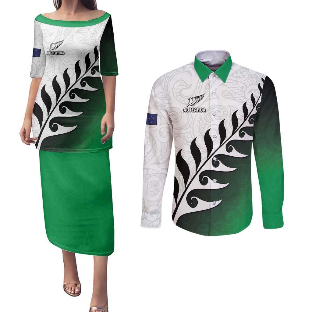 Custom New Zealand Football Couples Matching Puletasi and Long Sleeve Button Shirt Go Aotearoa