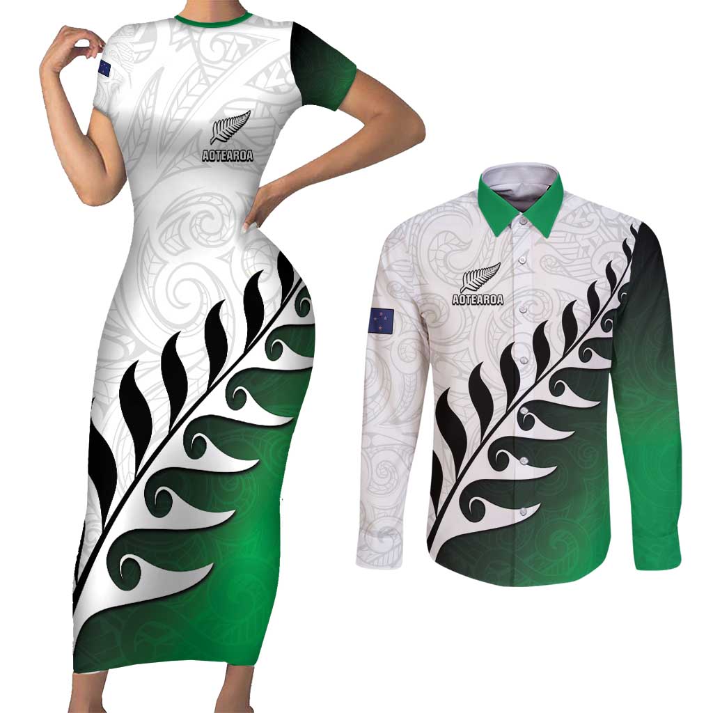 Custom New Zealand Football Couples Matching Short Sleeve Bodycon Dress and Long Sleeve Button Shirt Go Aotearoa