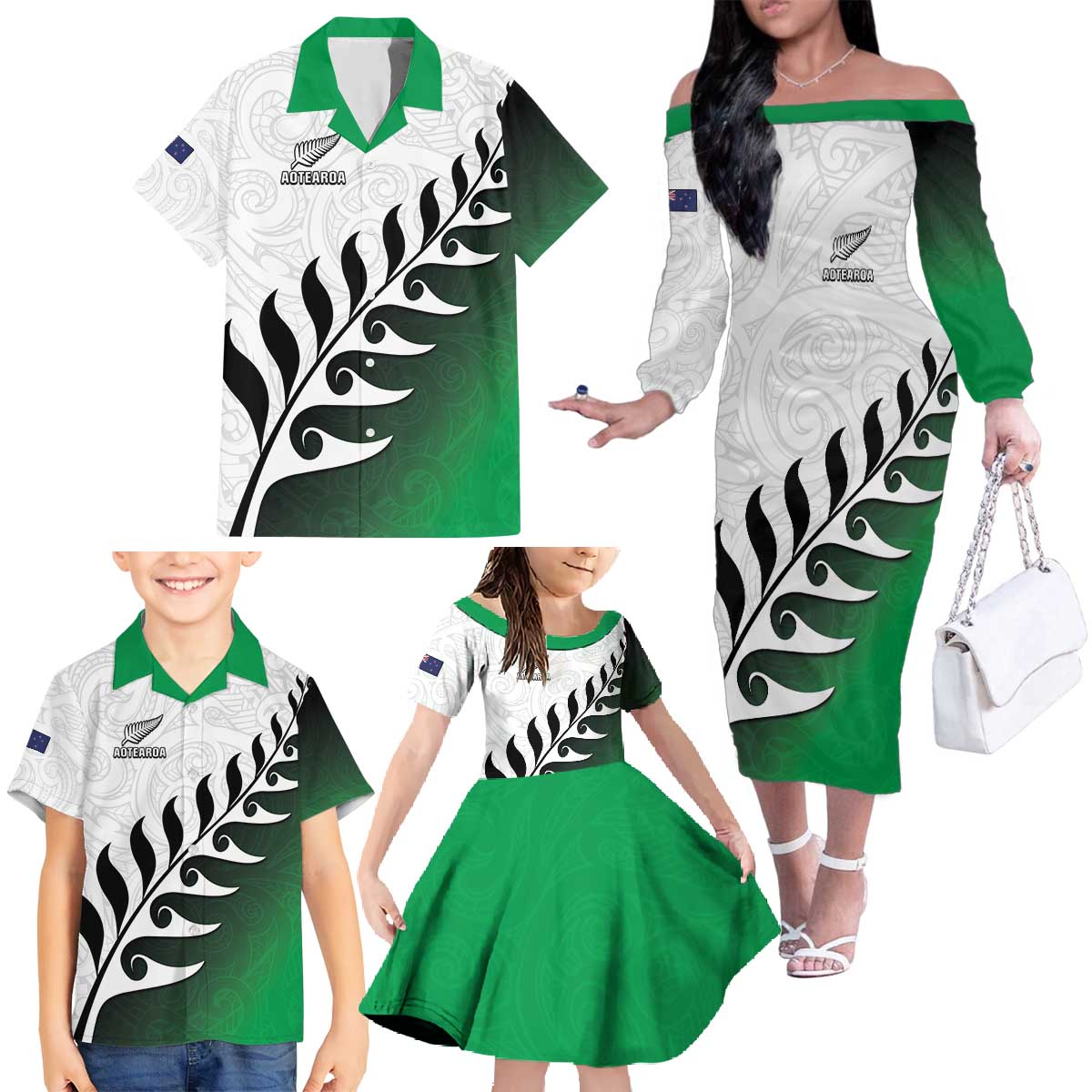 Custom New Zealand Football Family Matching Off The Shoulder Long Sleeve Dress and Hawaiian Shirt Go Aotearoa
