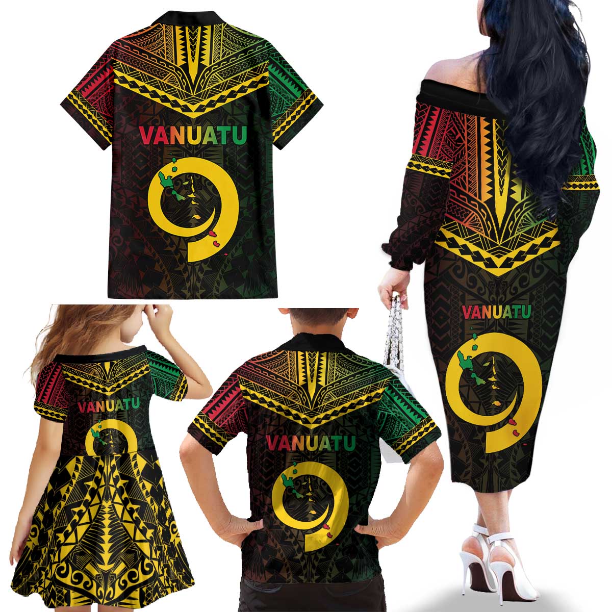 Happy Vanuatu Father Lini Day Family Matching Off The Shoulder Long Sleeve Dress and Hawaiian Shirt