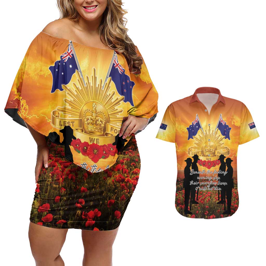 ANZAC Day Couples Matching Off Shoulder Short Dress and Hawaiian Shirt Remembrance Tribute Soldiers And Poppy Field