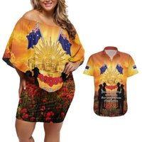 ANZAC Day Couples Matching Off Shoulder Short Dress and Hawaiian Shirt Remembrance Tribute Soldiers And Poppy Field