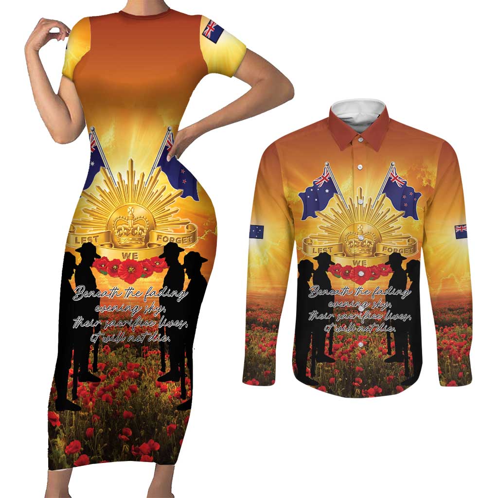 ANZAC Day Couples Matching Short Sleeve Bodycon Dress and Long Sleeve Button Shirt Remembrance Tribute Soldiers And Poppy Field