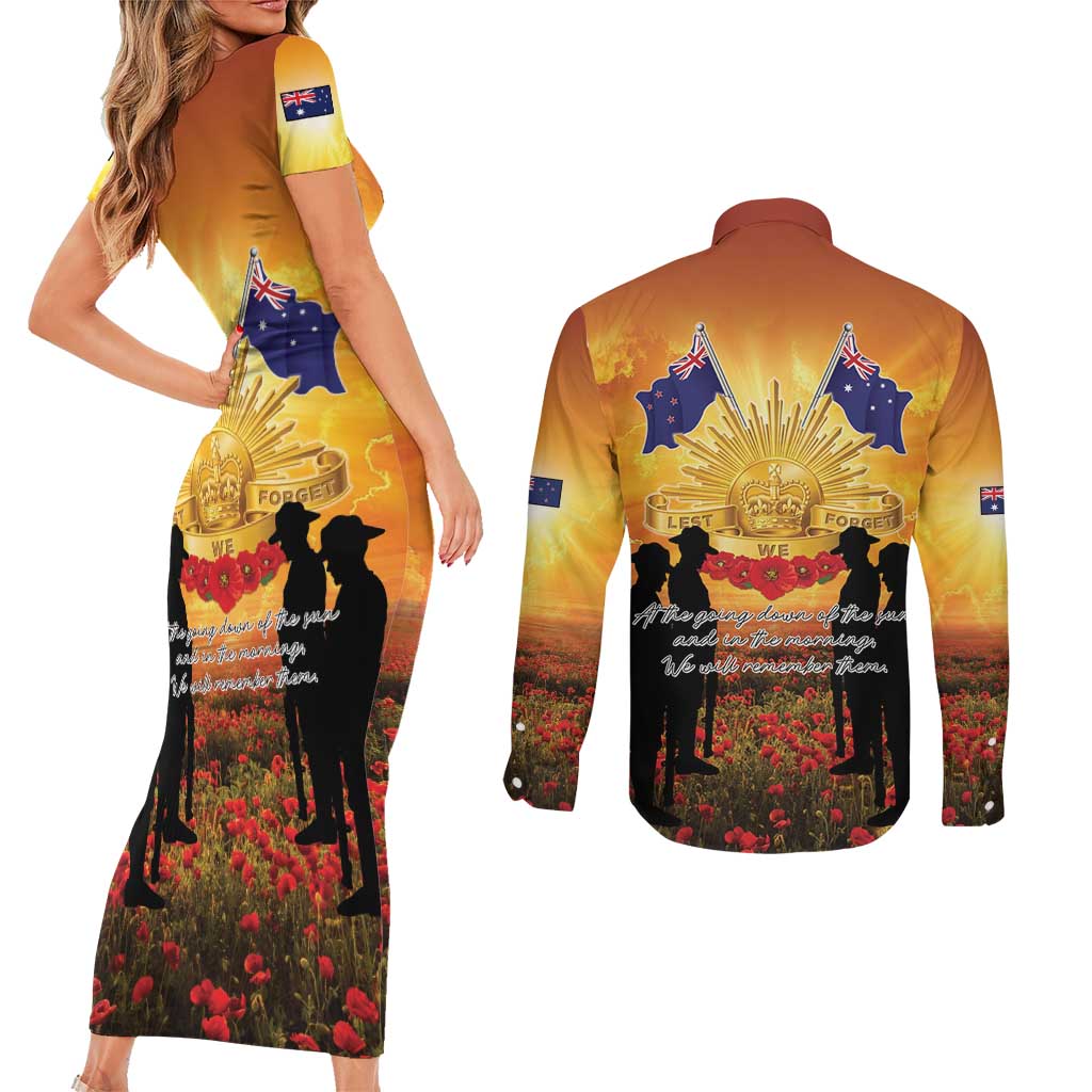 ANZAC Day Couples Matching Short Sleeve Bodycon Dress and Long Sleeve Button Shirt Remembrance Tribute Soldiers And Poppy Field