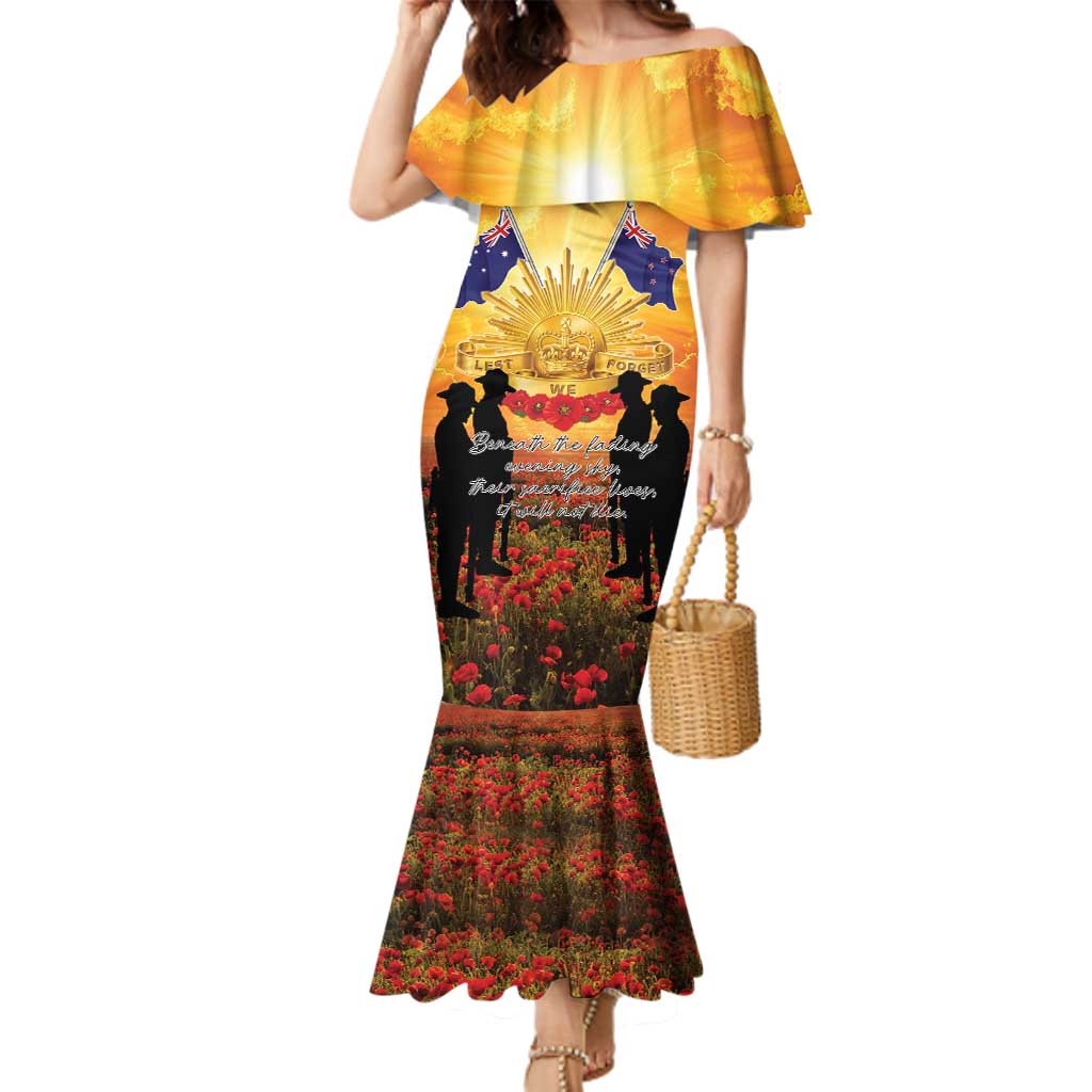 ANZAC Day Family Matching Mermaid Dress and Hawaiian Shirt Remembrance Tribute Soldiers And Poppy Field LT05 Mom's Dress Orange - Polynesian Pride