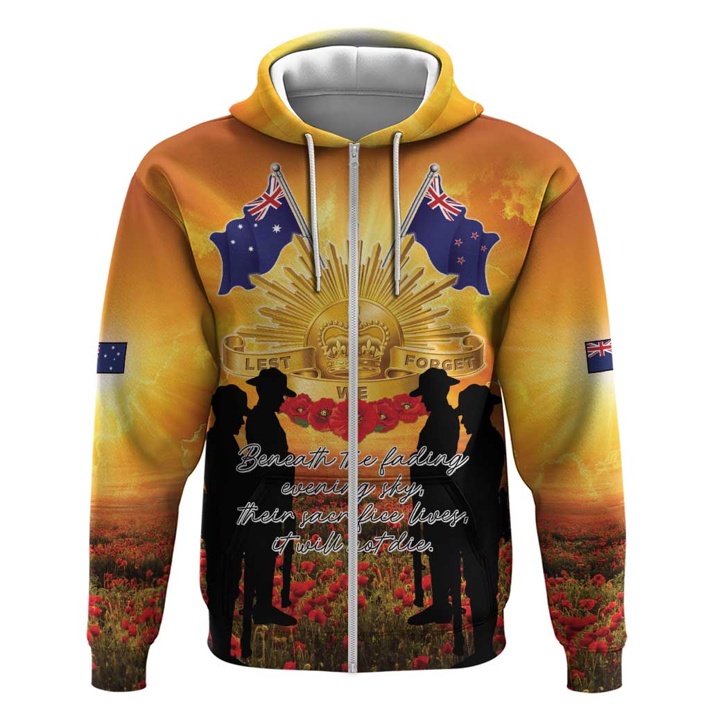 ANZAC Day Hoodie Remembrance Tribute Soldiers And Poppy Field LT05 Zip Hoodie Orange - Polynesian Pride