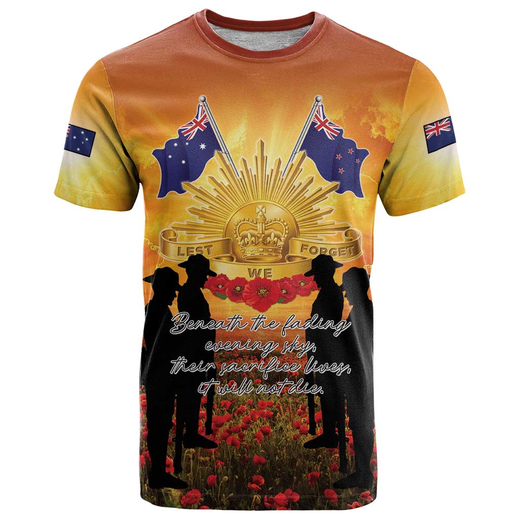 ANZAC Day T Shirt Remembrance Tribute Soldiers And Poppy Field