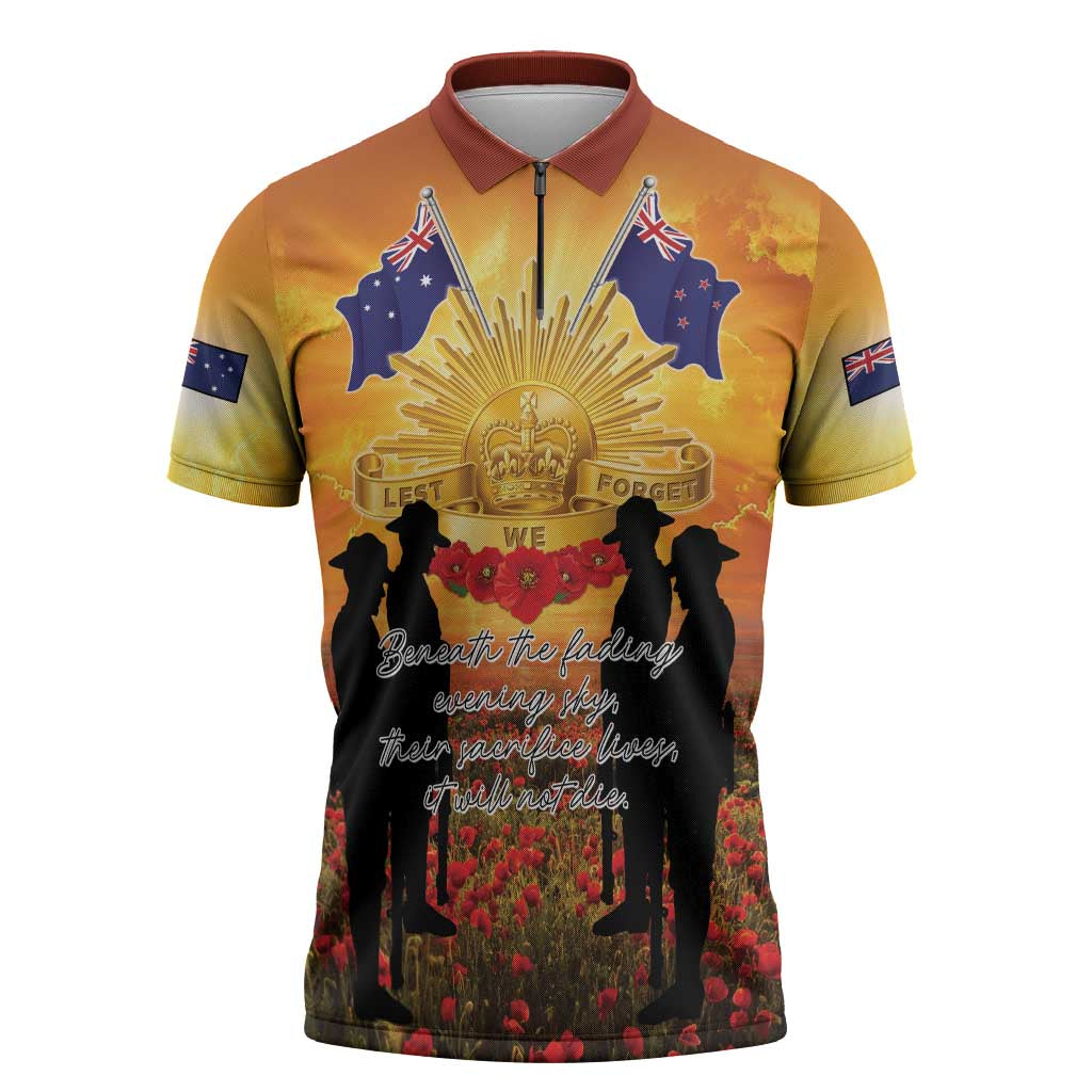 ANZAC Day Zipper Polo Shirt Remembrance Tribute Soldiers And Poppy Field