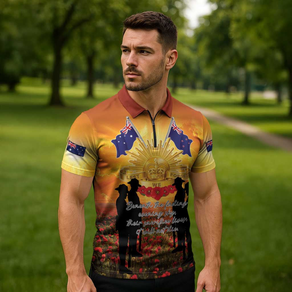 ANZAC Day Zipper Polo Shirt Remembrance Tribute Soldiers And Poppy Field
