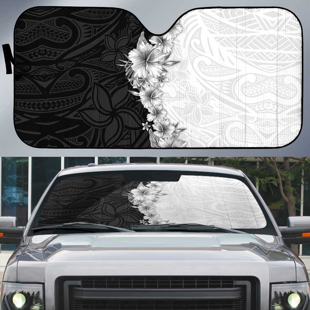 Hawaii Hibiscus Flowers Auto Sun Shade Grayscale Polynesian Pattern