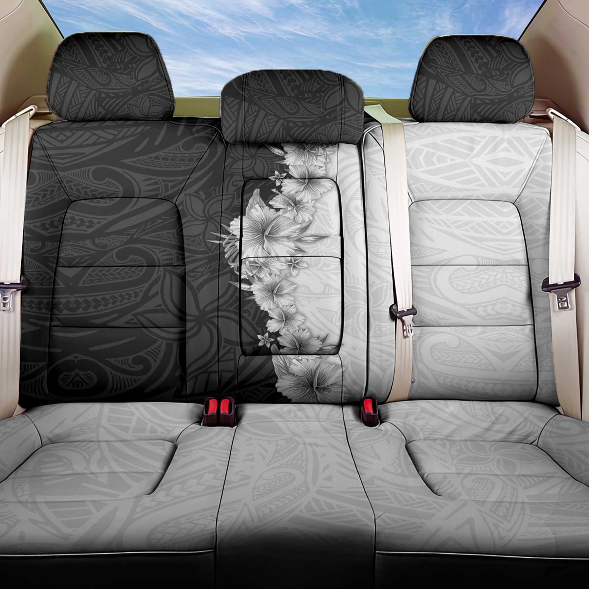 Hawaii Hibiscus Flowers Back Car Seat Cover Grayscale Polynesian Pattern