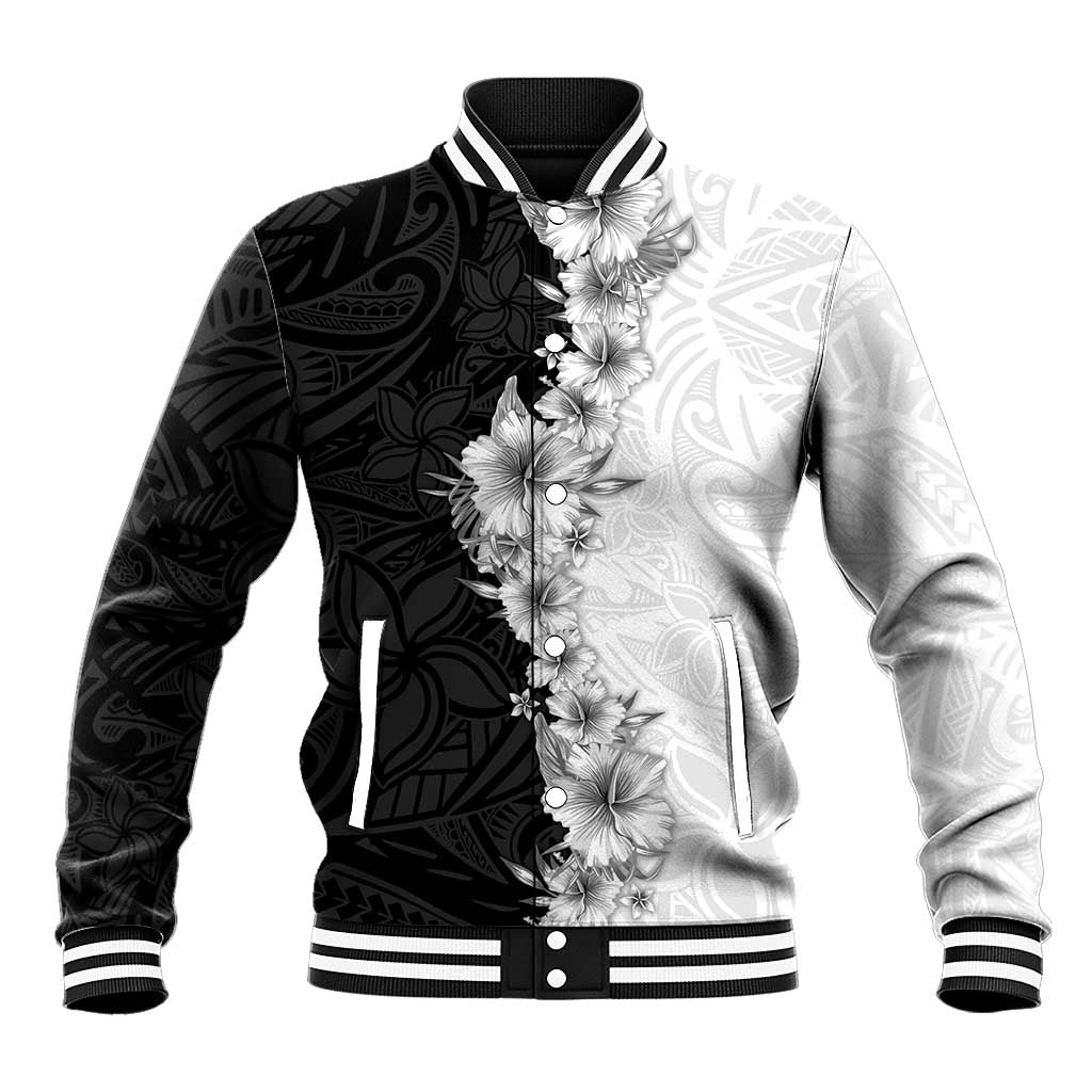 Hawaii Hibiscus Flowers Baseball Jacket Grayscale Polynesian Pattern LT05 Unisex Black - Polynesian Pride