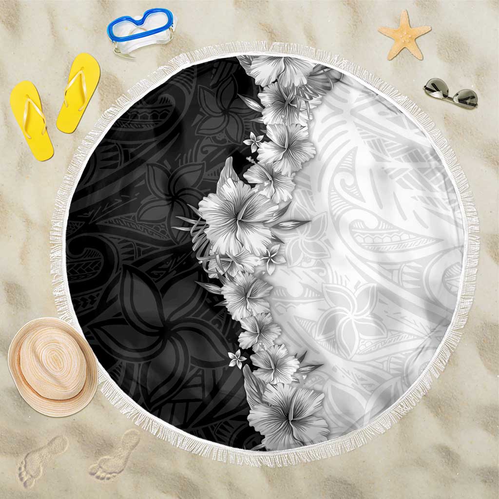 Hawaii Hibiscus Flowers Beach Blanket Grayscale Polynesian Pattern LT05 One Size 150cm Black - Polynesian Pride