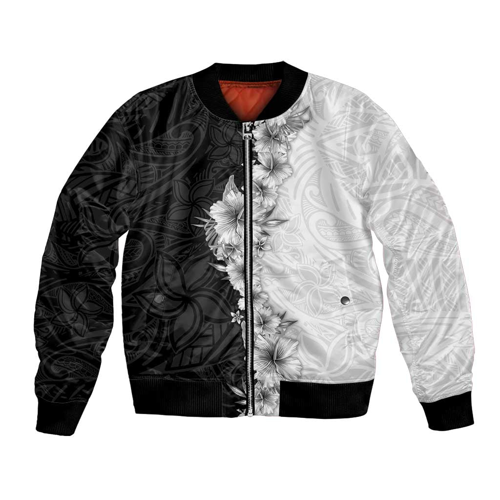 Hawaii Hibiscus Flowers Bomber Jacket Grayscale Polynesian Pattern LT05 Unisex Black - Polynesian Pride